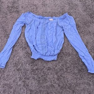 Off the shoulder blue long sleeve shirt!